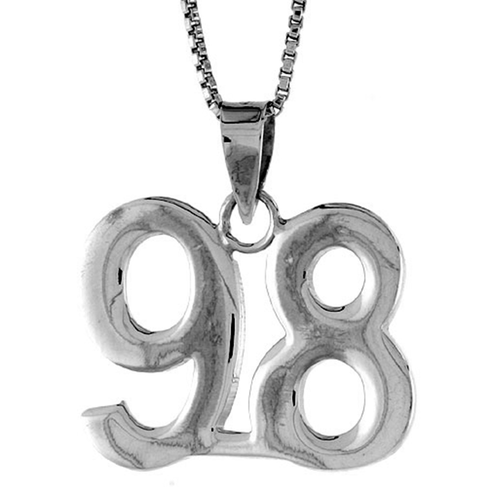 STERLING SILVER NUMBER 98 PENDANT FOR JERSEY NUMBERS & RECOVERY HIGH POLISH 3/4 INCH (NO CHAIN)