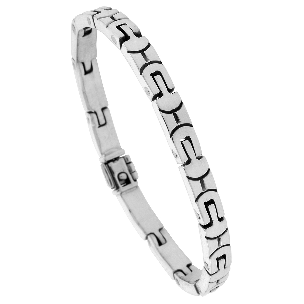 STERLING SILVER GENTS LINK BRACELET U-SHAPED HANDMADE 1/4 INCH WIDE, SIZES 7.5, 8 AND 8.5 INCH