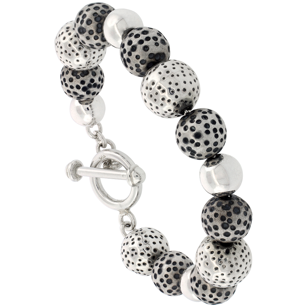 STERLING SILVER DIMPLED BALL BRACELET TOGGLE-CLASP ANTIQUED FINISH 7.5 INCH