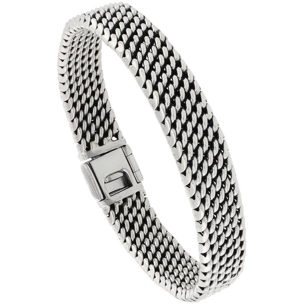 STERLING SILVER MESH BRACELET 11MM ANTIQUED FINISH HANDMADE 7 3/8 INCH LONG