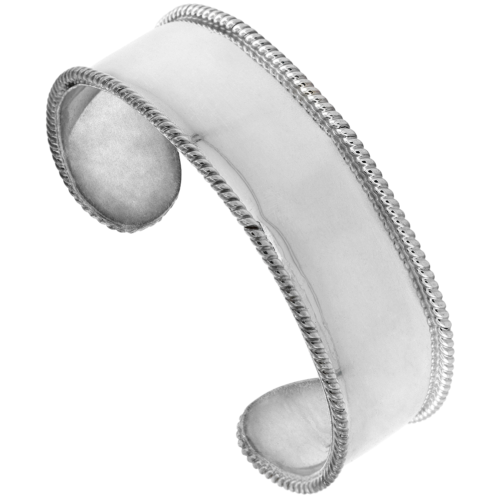 STERLING SILVER CUFF BRACELET DOMED ROPE EDGE HANDMADE 7.25 INCH