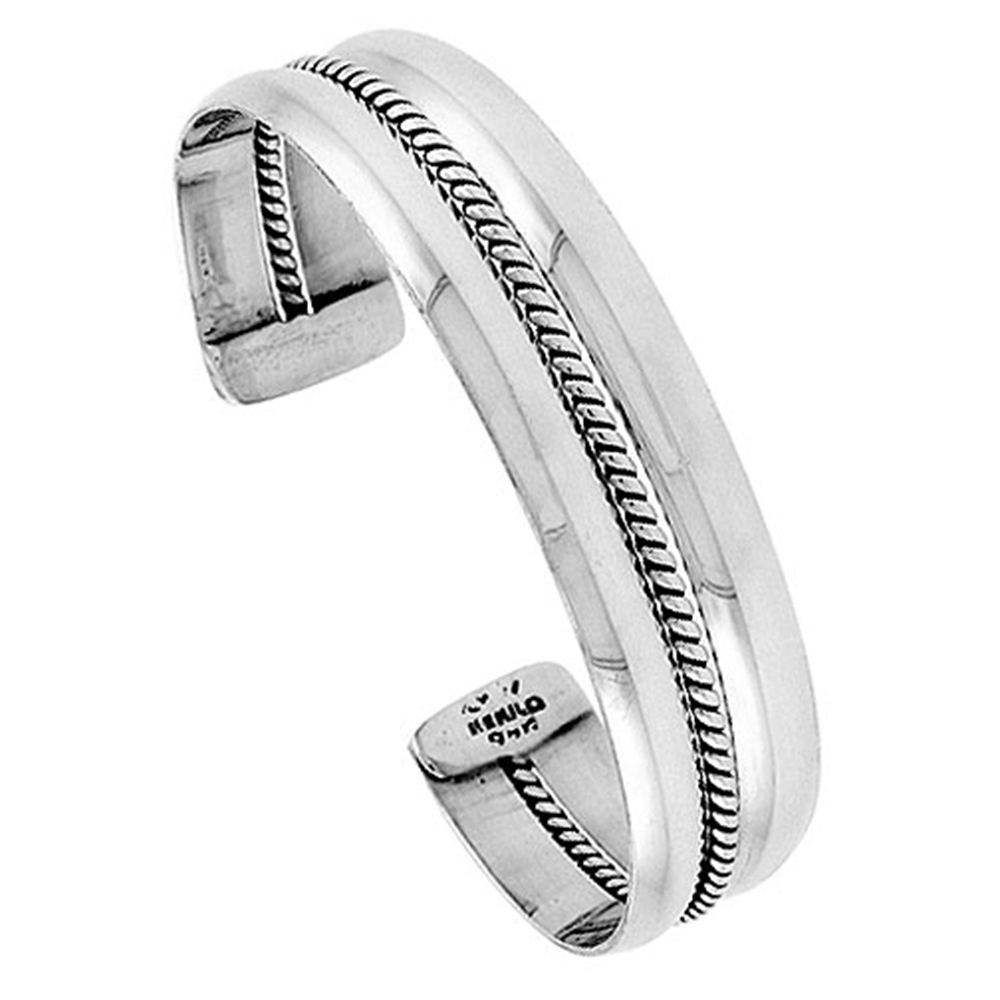 STERLING SILVER CUFF BRACELET DOUBLE DOMED WITH ROPE CENTER HANDMADE 7.25 INCH