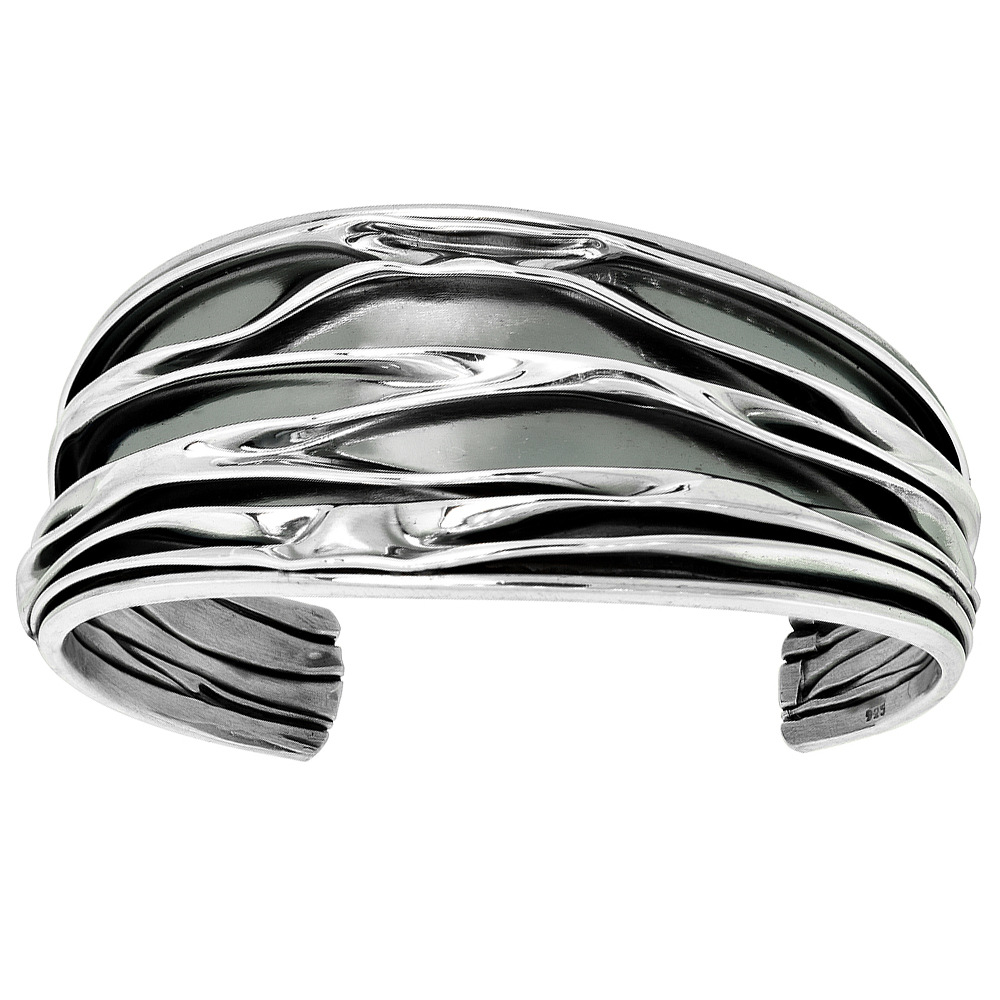 STERLING SILVER CRINKLED CUFF BRACELET FOR WOMEN HANDMADE 1.25 INCH (28MM) WIDE