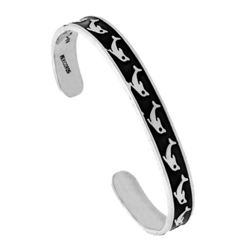 STERLING SILVER CUFF BRACELET HIGH POLISHED DOLPHIN PATTERN HANDMADE 7.25 INCH) WIDE