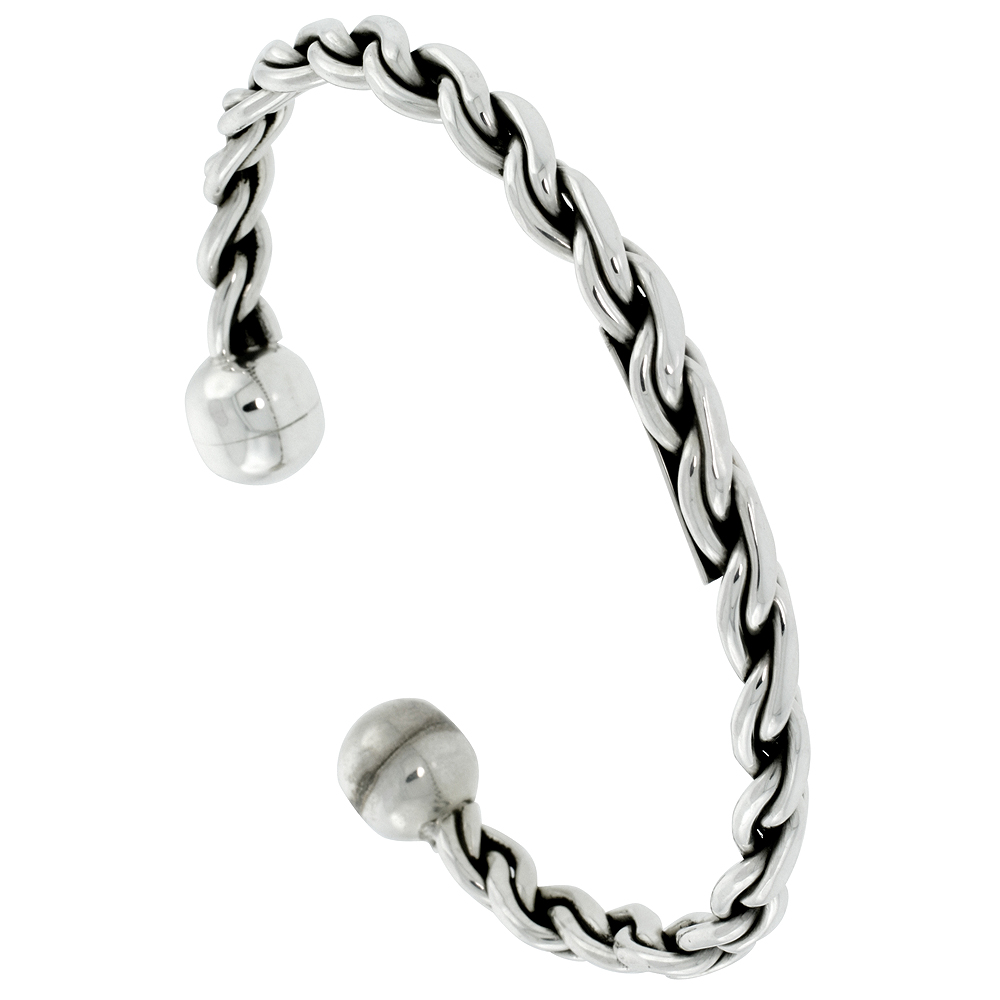 STERLING SILVER BALL-END CUFF BRACELET ROPE WIRE HANDMADE 7.25 INCH