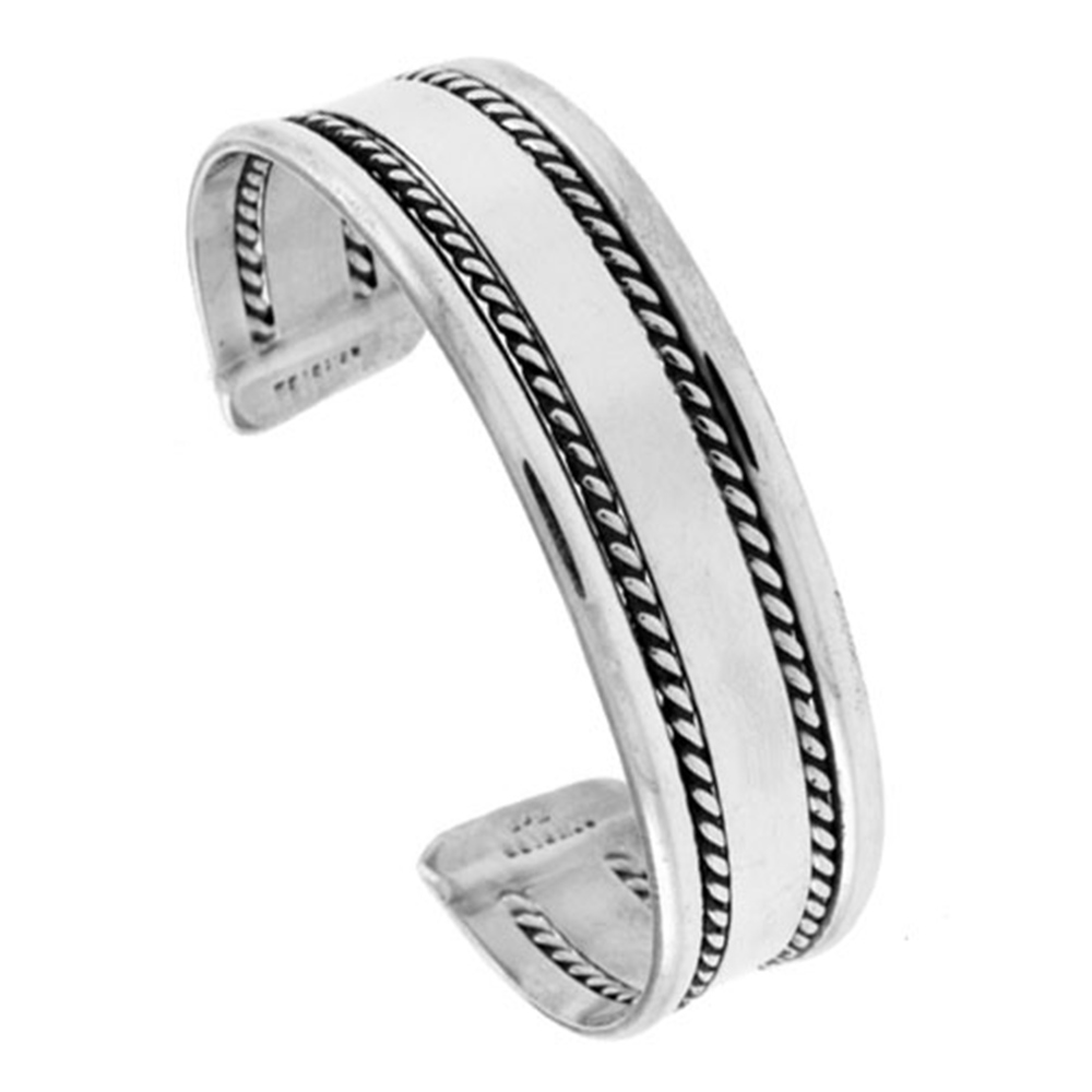 STERLING SILVER CUFF BRACELET FLAT WIRE WITH 2 ROPES HANDMADE 7.25 INCH