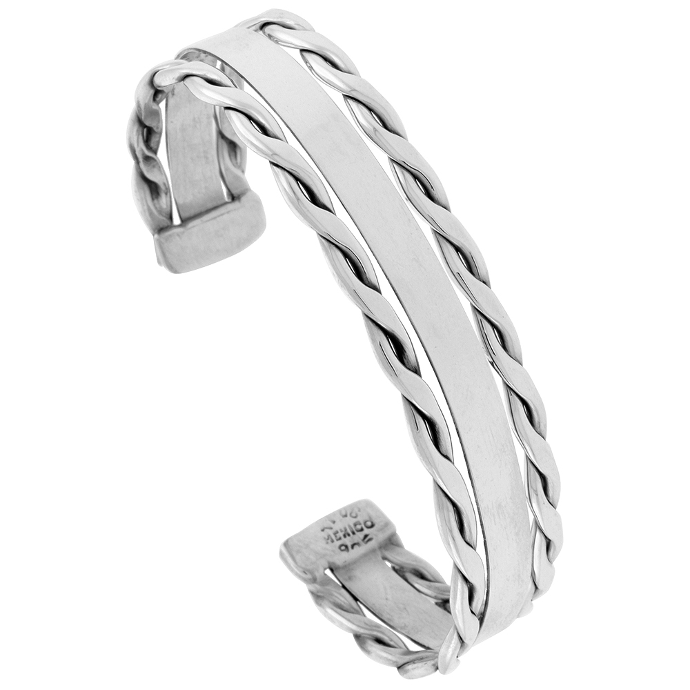 STERLING SILVER CUFF BRACELET FLAT WIRE WITH ROPE EDGE HANDMADE 7.25 INCH