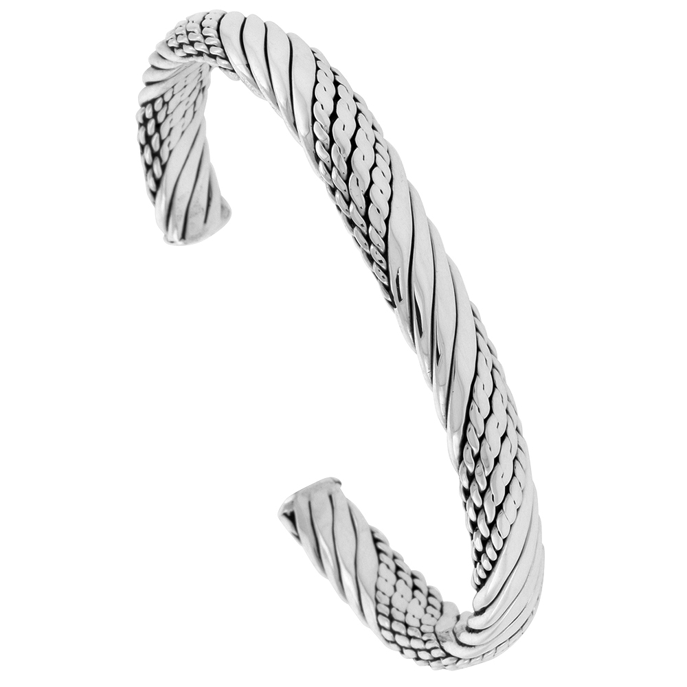 STERLING SILVER CUFF BRACELET BRAIDED ROPE WIRE HANDMADE 7.25 INCH