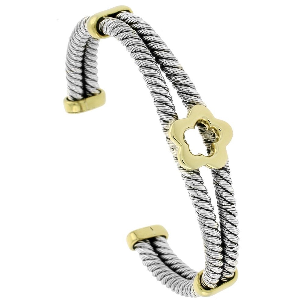 STERLING SILVER & BRASS DOUBLE CABLE CUFF BRACELET FLOWER CENTER 1/2 INCH WIDE