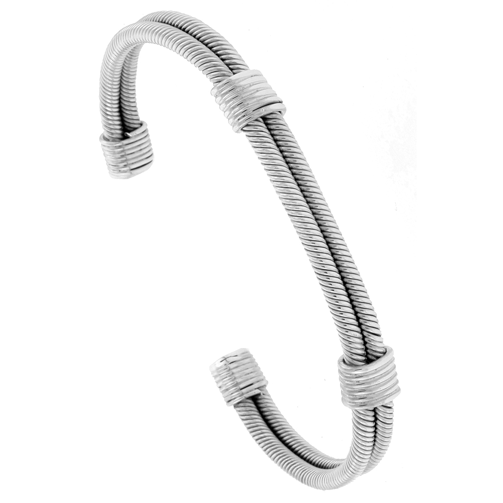 STERLING SILVER DOUBLE CABLE CUFF BRACELET WIRE WRAPPED 1/4 INCH WIDE