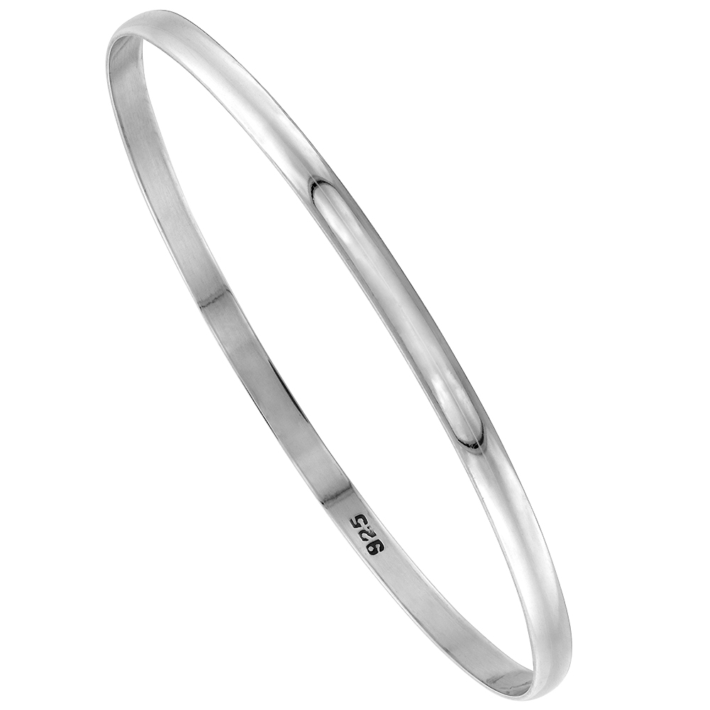STERLING SILVER BANGLE BRACELET SLIP-ON STACKABLE DOMED 4 MM HANDMADE, 7 INCH