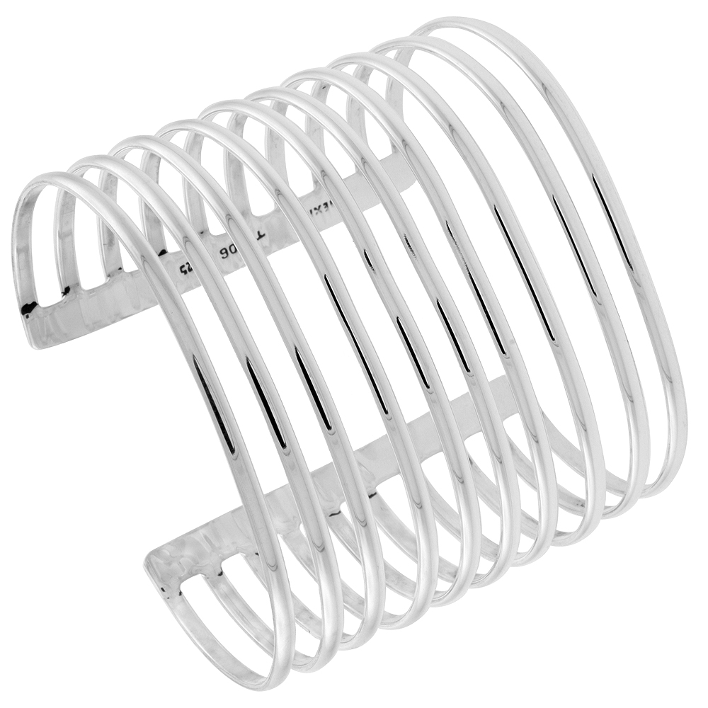 STERLING SILVER 10 STRAND DOMED WIRE CUFF BRACELET HANDMADE 7.25 INCH