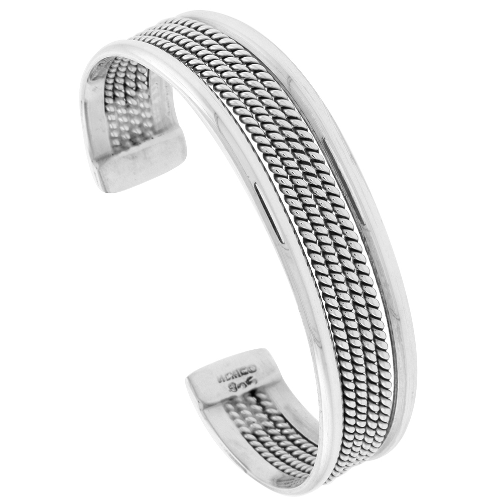 STERLING SILVER CUFF BRACELET ROPE WIRE WITH DOME EDGES HANDMADE 7.25 INCH