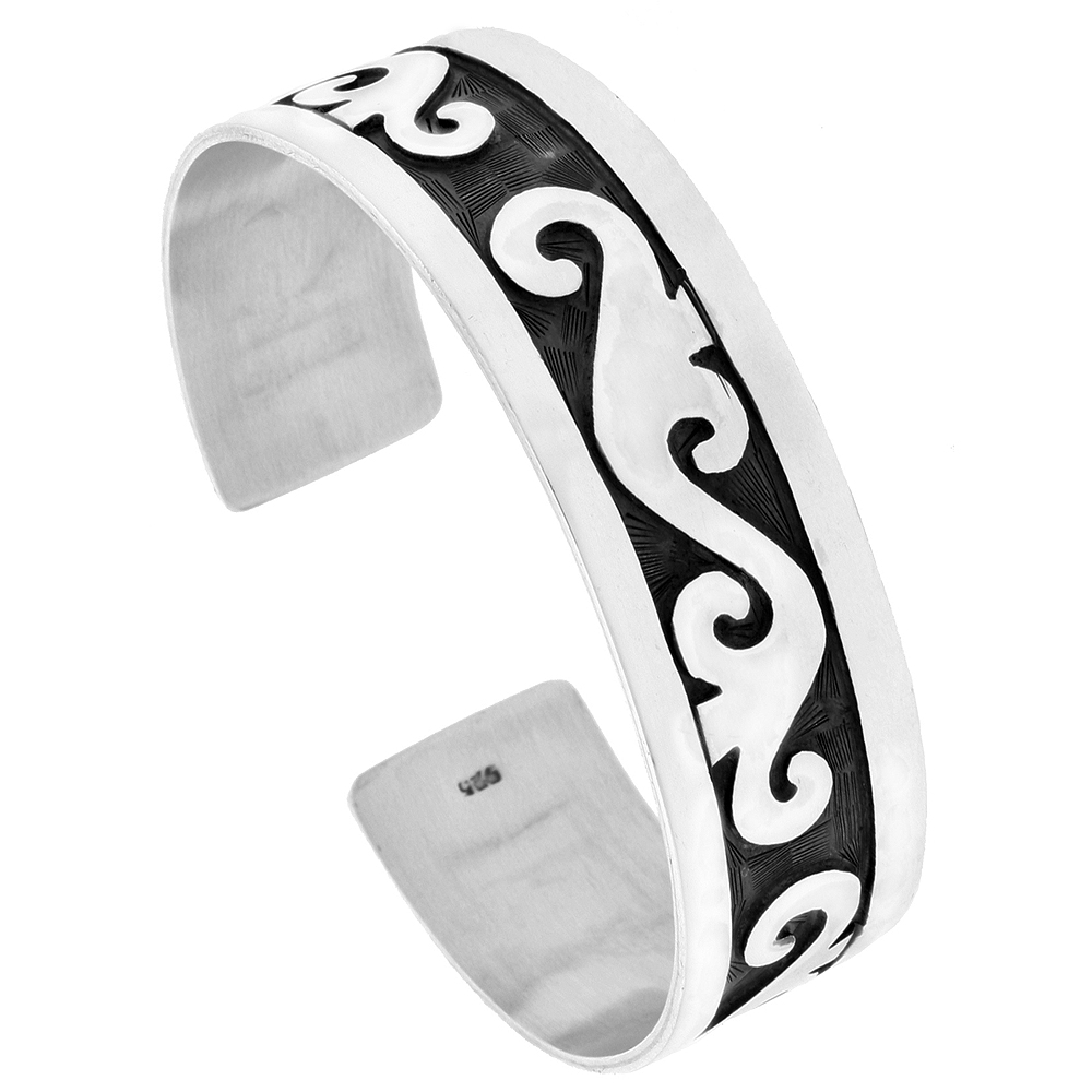 STERLING SILVER CUFF BRACELET ABSTRACT MOTIF HANDMADE 7.25 INCH