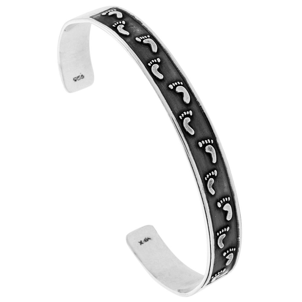 STERLING SILVER FOOTPRINTS CUFF BRACELET FOR WOMEN OXIDIZED FINISH SOUTHWESTERN HOPI DESIGN HANDMADE (8MM) 5/16 INCH WIDE