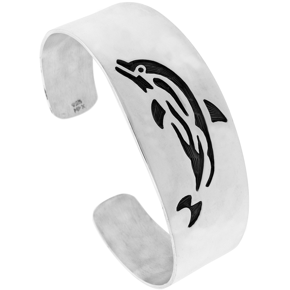 STERLING SILVER DOLPHIN CUFF BRACELET FOR WOMEN SOUTHWESTERN HOPI DESIGN OVERLAY TECHNIQUE HANDMADE (24MM) 15/16 INCH WIDE