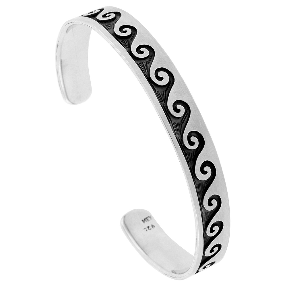 STERLING SILVER WATER WAVE CUFF BRACELET FOR WOMEN SOUTHWESTERN HOPI DESIGN OVERLAY TECHNIQUE OXIDIZED FINISH HANDMADE (8MM) 5/16 INCH WIDE