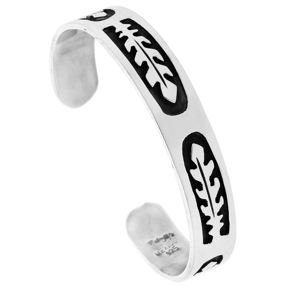 STERLING SILVER FEATHER CUFF BRACELET FOR WOMEN SOUTHWESTERN HOPI DESIGN OVERLAY TECHNIQUE OXIDIZED FINISH HANDMADE (12MM) 1/2 INCH WIDE