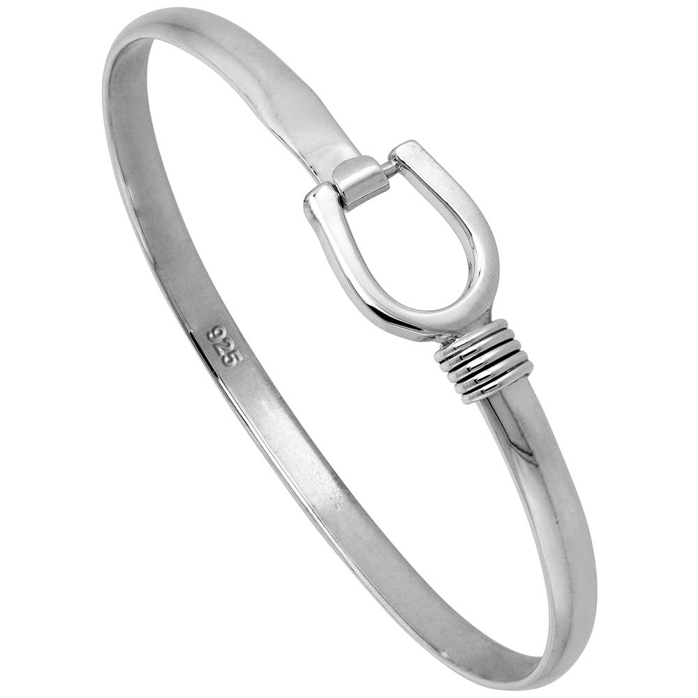 STERLING SILVER HORSESHOE BANGLE BRACELET FOR WOMEN HOOK AND EYE CLASP HIGH POLISHED HANDMADE (14MM) 9/16 INCH WIDE