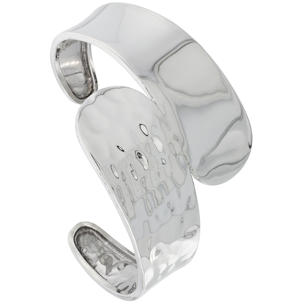 STERLING SILVER HALF HAMMERED WIDE BYPASS CUFF BRACELET FOR WOMEN HIGH POLISHED FINISH HANDMADE (40MM) 1 9/16 INCH WIDE