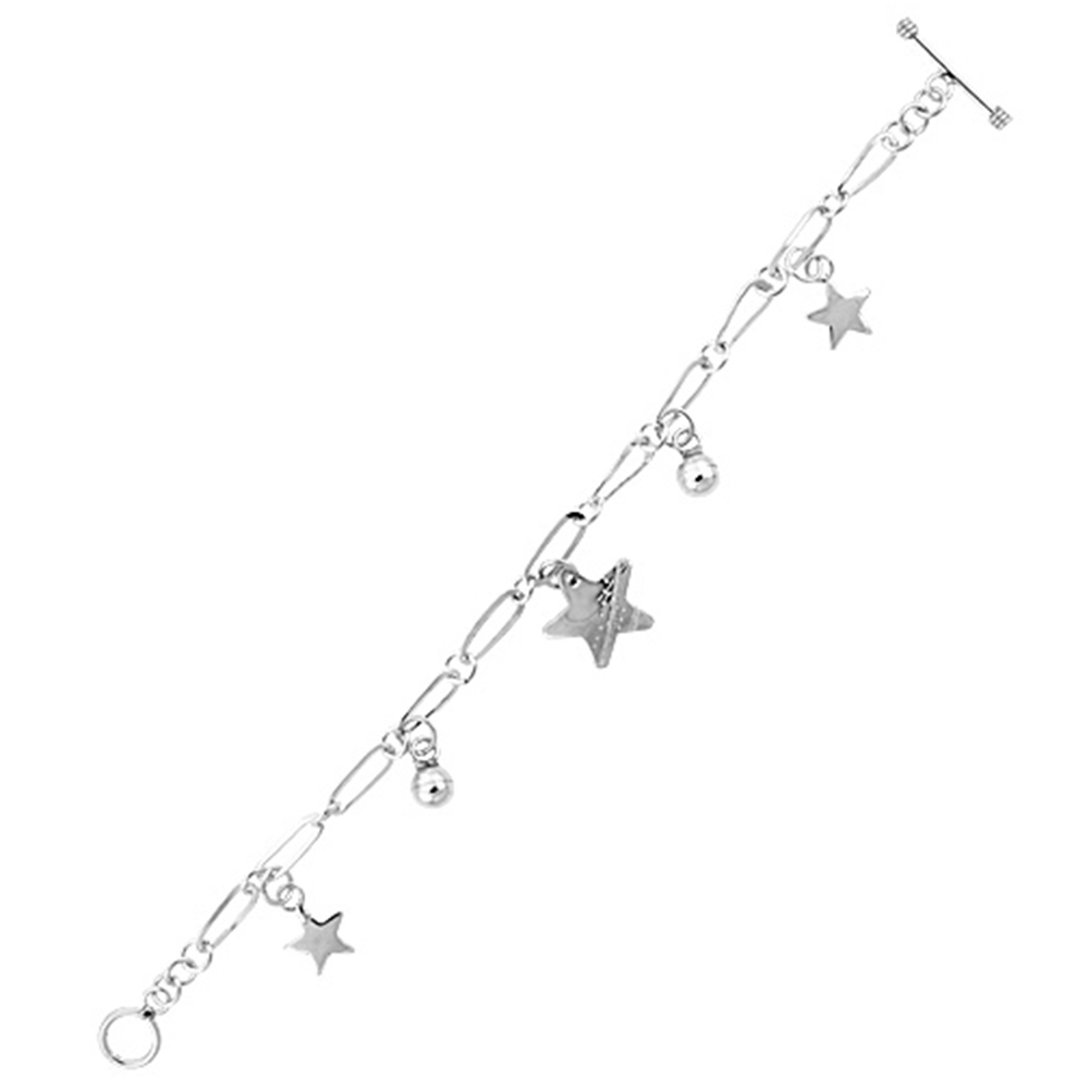 STERLING SILVER DANGLING BALL & STAR TOGGLE CHARM BRACELET, 7.5 INCHES LONG