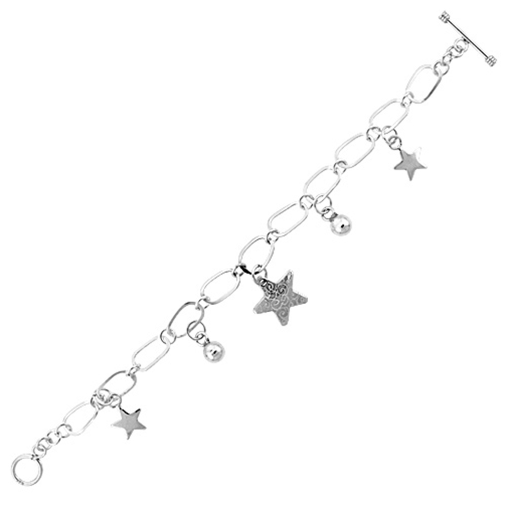 STERLING SILVER DANGLING CARVED STAR CENTER & BALL LINK TOGGLE CHARM BRACELET, 7.5 INCHES LONG