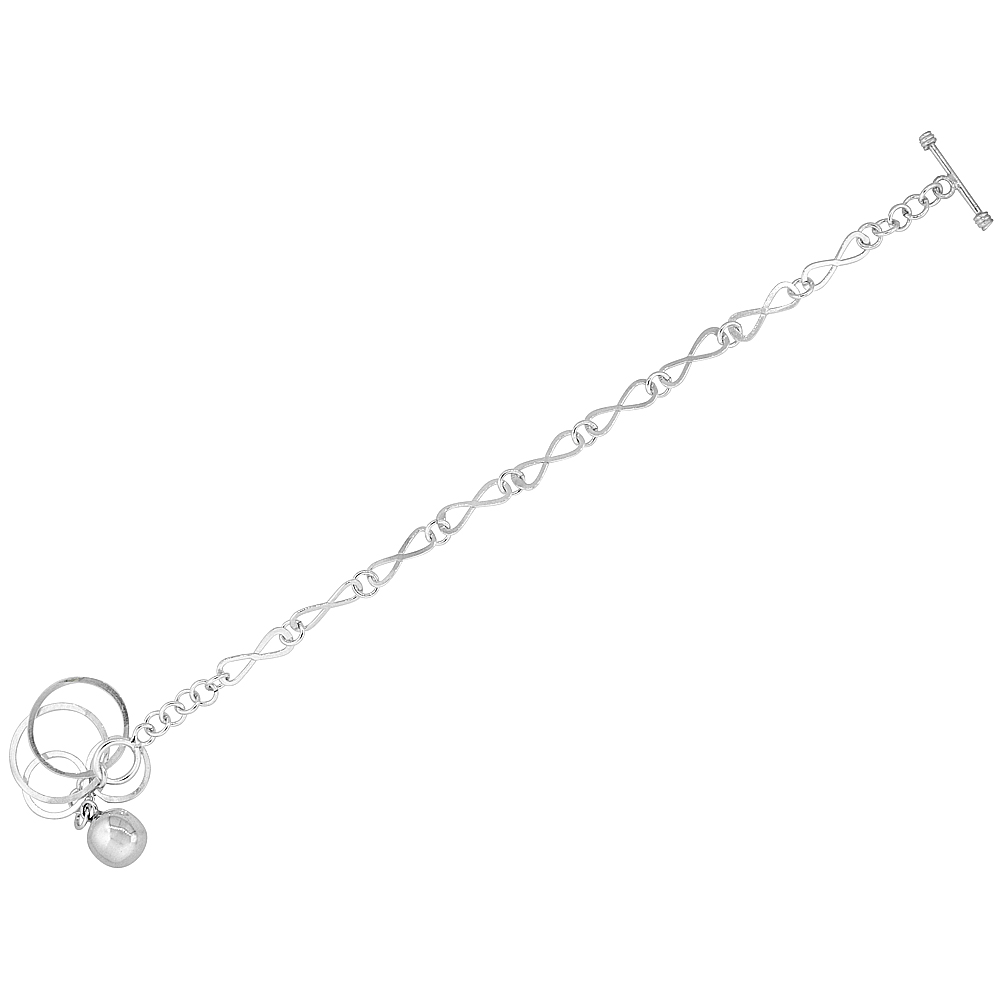 STERLING SILVER BALL & CIRCLES ETERNITY LINK TOGGLE CHARM BRACELET, 7.5 INCHES LONG
