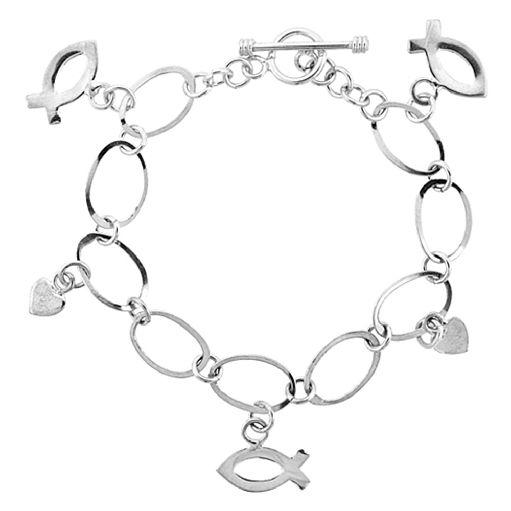 STERLING SILVER PEACE SIGN & BALL LINK TOGGLE CHARM BRACELET, 7.5 INCHES LONG