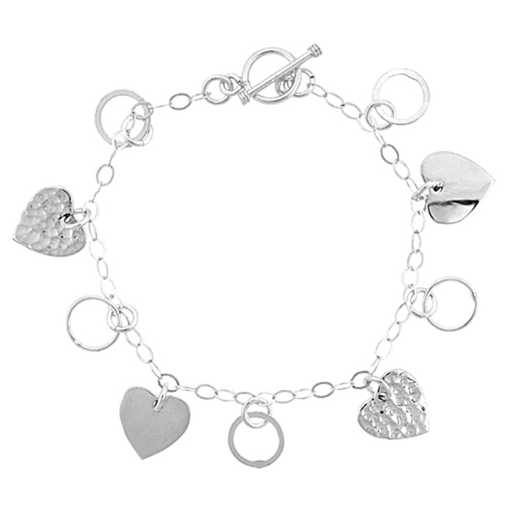STERLING SILVER DANGLING HEART & CIRCLE LINK TOGGLE CHARM BRACELET, 7.5 INCHES LONG