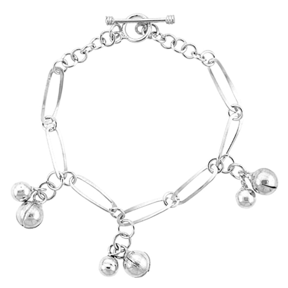 STERLING SILVER CHIME BALL LONG LINK TOGGLE CHARM BRACELET, 7 INCHES LONG