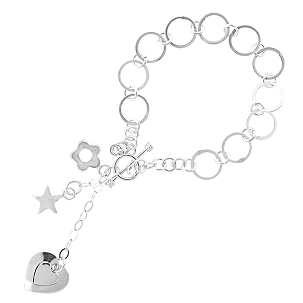 STERLING SILVER DANGLING HEART, STAR & FLOWER ROUND LINK TOGGLE CHARM BRACELET, 7.25 INCHES LONG
