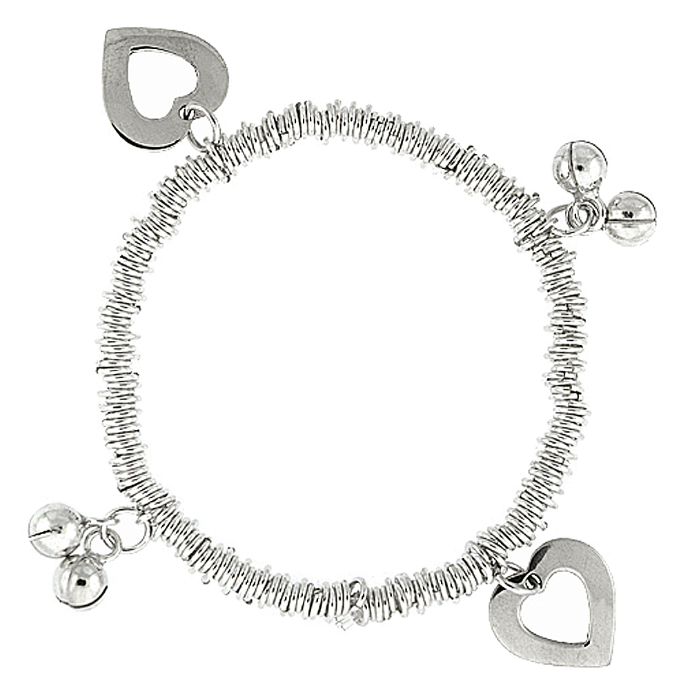 STERLING SILVER DANGLING OPEN HEART & CHIME BALL STRETCH CHARM BRACELET, FITS 7 INCH WRISTS