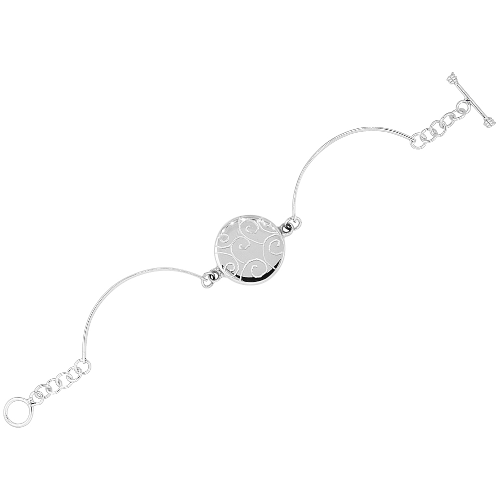 STERLING SILVER ENGRAVED ROUND DISC BAR TOGGLE CHARM BRACELET, FITS 7 INCH WRISTS