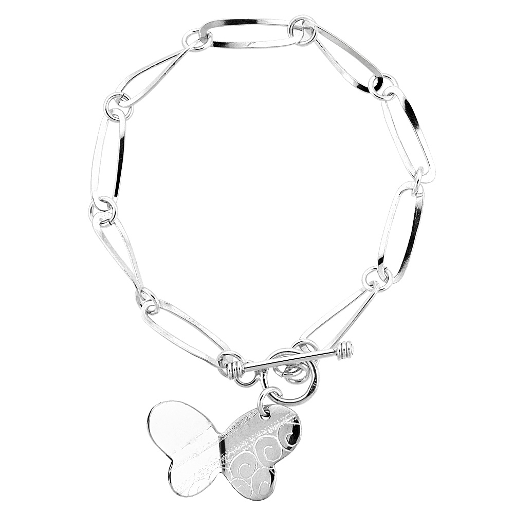 STERLING SILVER DANGLING BUTTERFLY OVAL LINK TOGGLE CHARM BRACELET, 7 INCHES LONG