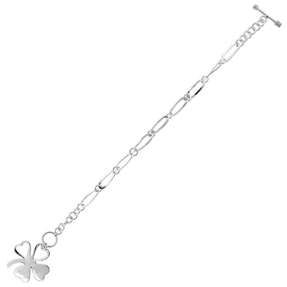 STERLING SILVER SHAMROCK OVAL LINK TOGGLE CHARM BRACELET, 7.5 INCHES LONG