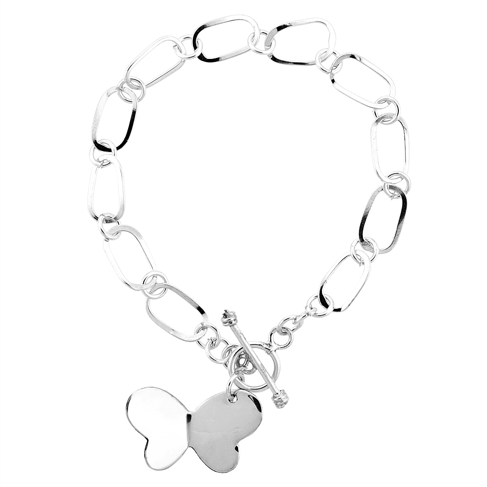 STERLING SILVER BUTTERFLY OVAL LINK TOGGLE CHARM BRACELET, 7.5 INCHES LONG