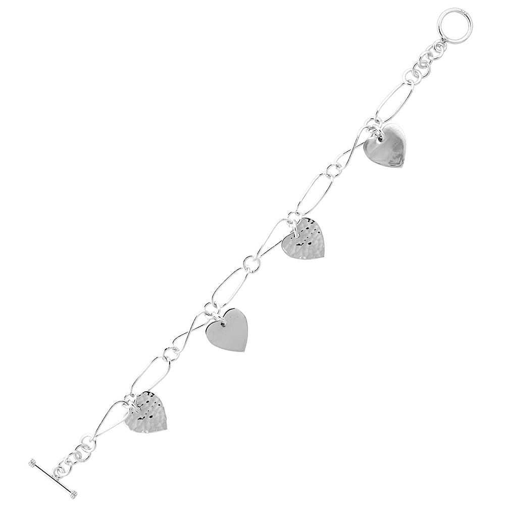 STERLING SILVER HEARTS TOGGLE CHARM BRACELET, 7.5 INCHES LONG