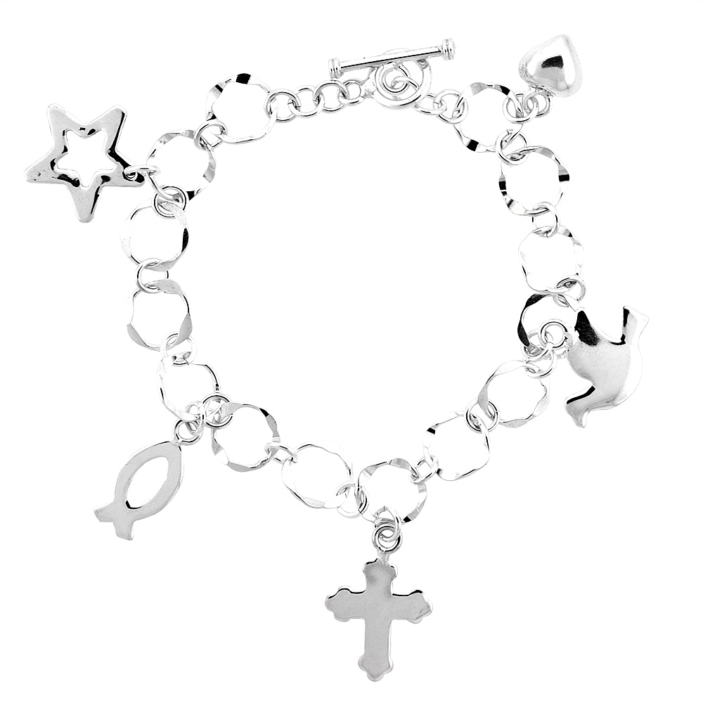 STERLING SILVER RELIGIOUS TOGGLE CHARM BRACELET, 7.5 INCHES LONG
