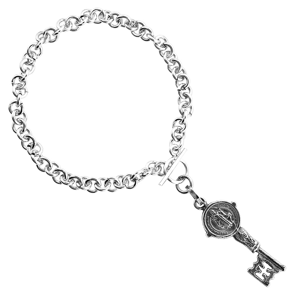 STERLING SILVER SAINT BENEDICT KEY TOGGLE BRACELET, 8 INCHES LONG
