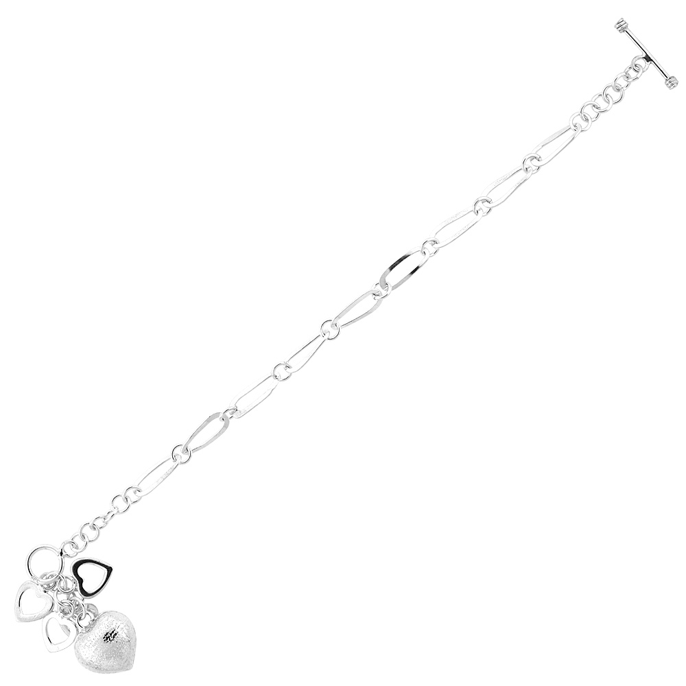 STERLING SILVER PUFFED DISCO HEART TOGGLE BRACELET, 7.5 INCHES LONG