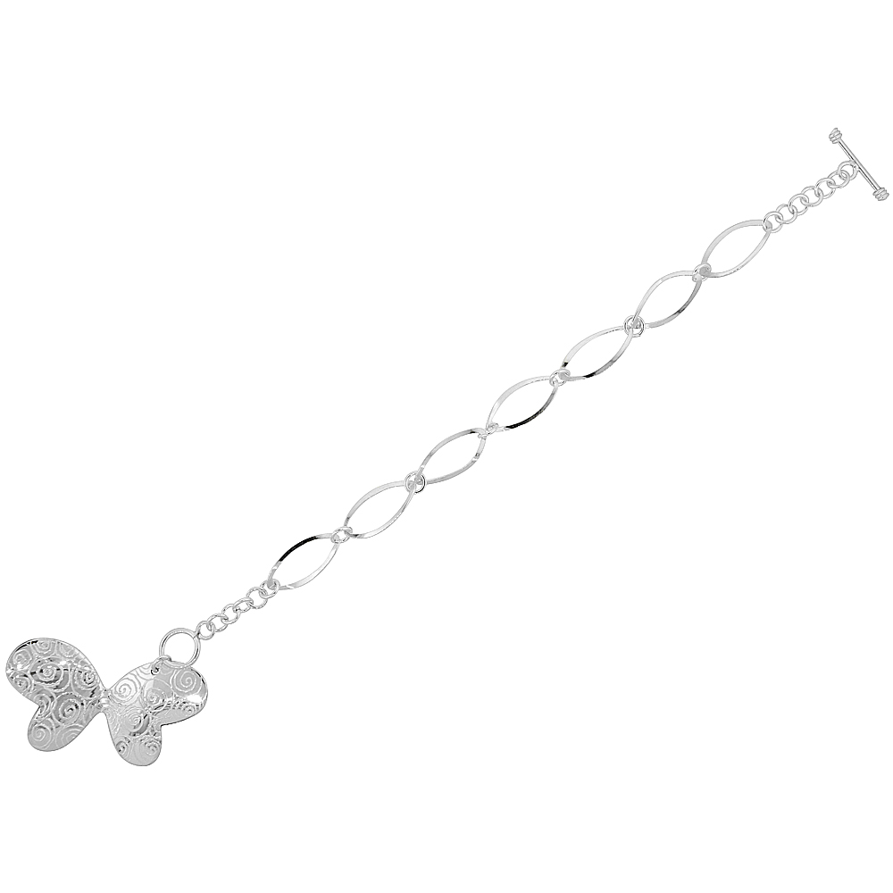 STERLING SILVER EMBOSSED BUTTERFLY TOGGLE BRACELET, 7.5 INCHES LONG