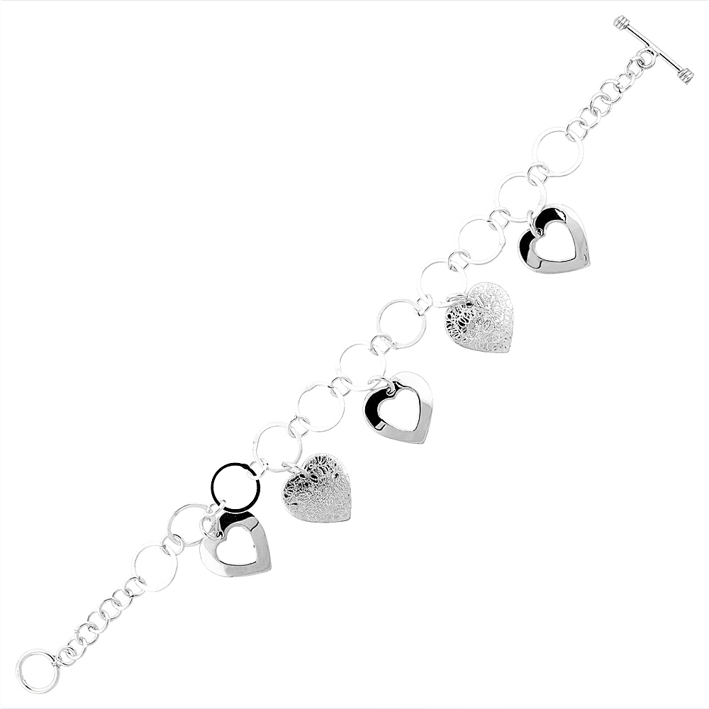 STERLING SILVER EMBOSSED HEART TOGGLE BRACELET, 7.5 INCHES LONG