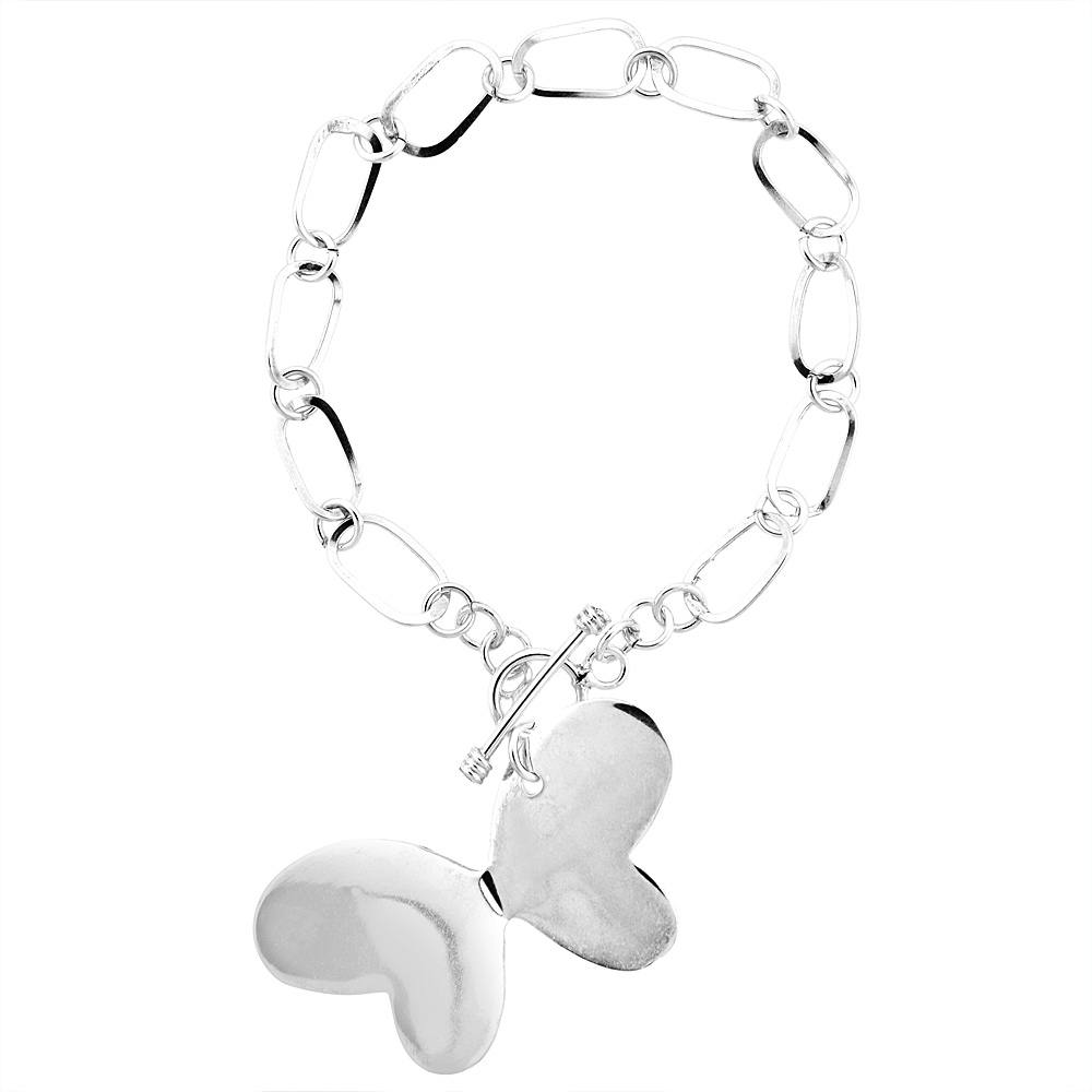 STERLING SILVER BUTTERFLY MIRROR FINISH TOGGLE BRACELET, 7.5 INCHES LONG