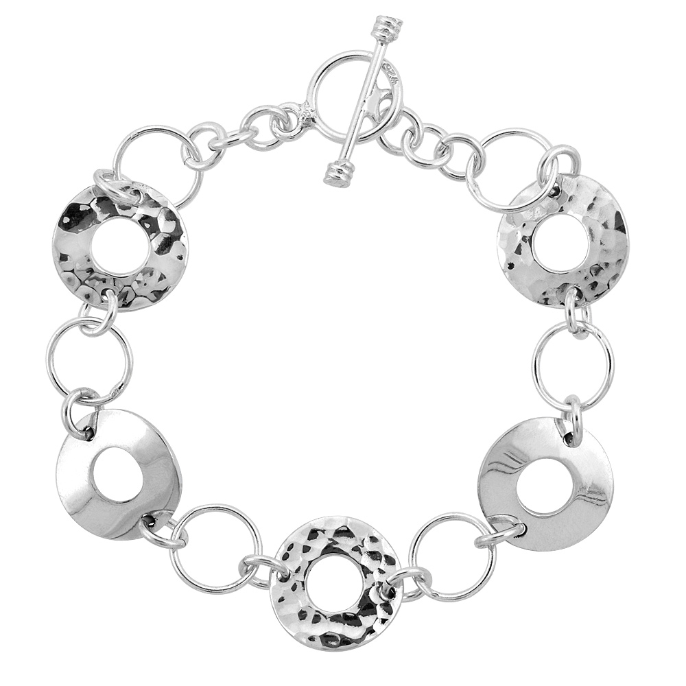 STERLING SILVER CIRCLES TOGGLE BRACELET, 7.5 INCHES LONG