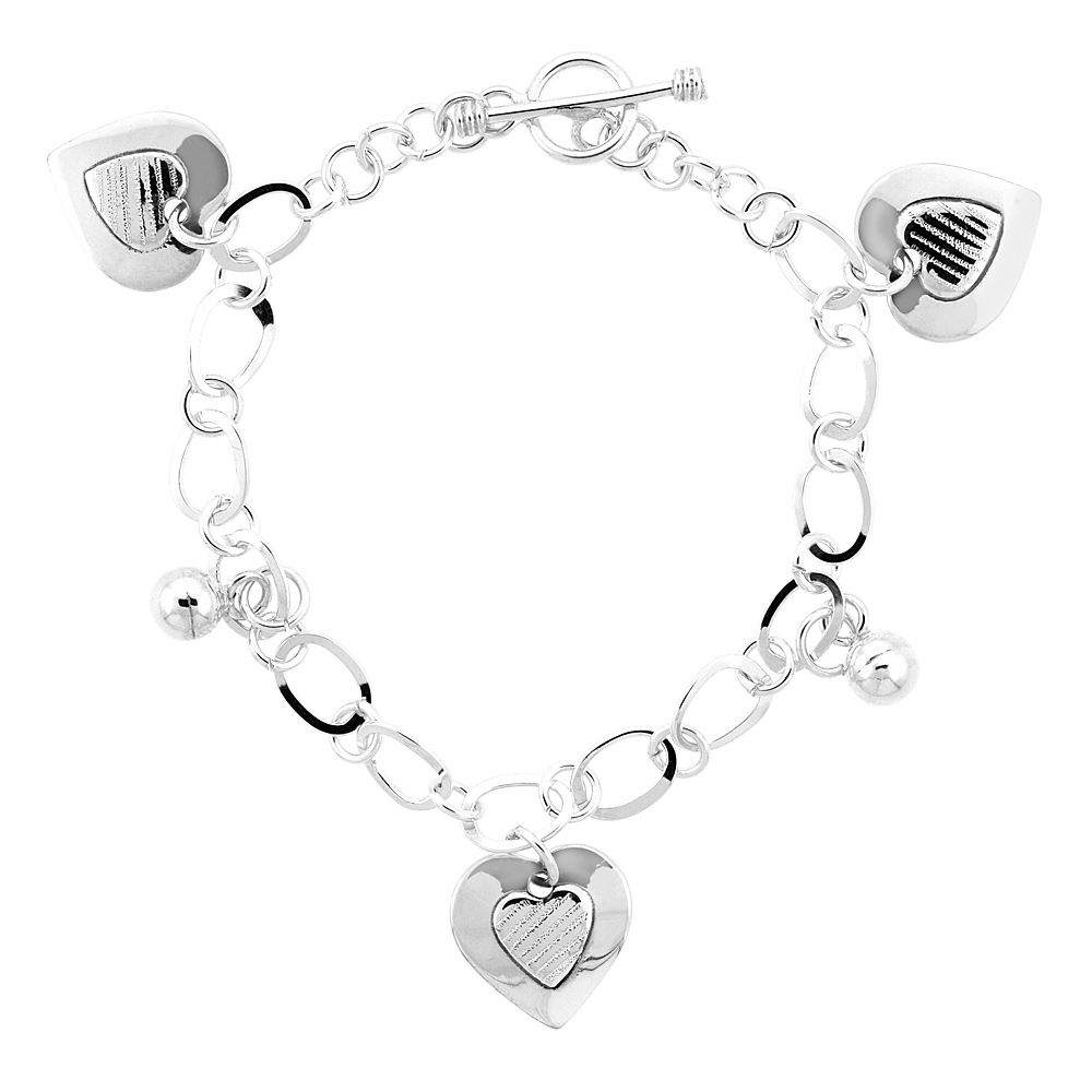 STERLING SILVER HEARTS AND BALLS TOGGLE BRACELET, 7.5 INCHES LONG