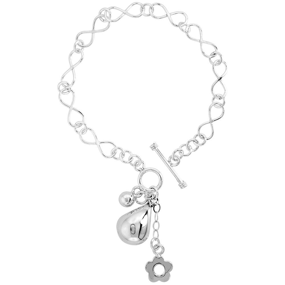 STERLING SILVER INFINITY LINK BRACELET FOR WOMEN TERADROP FLOWER BALL CHARMS TOGGLE CLASP 7.5 INCH