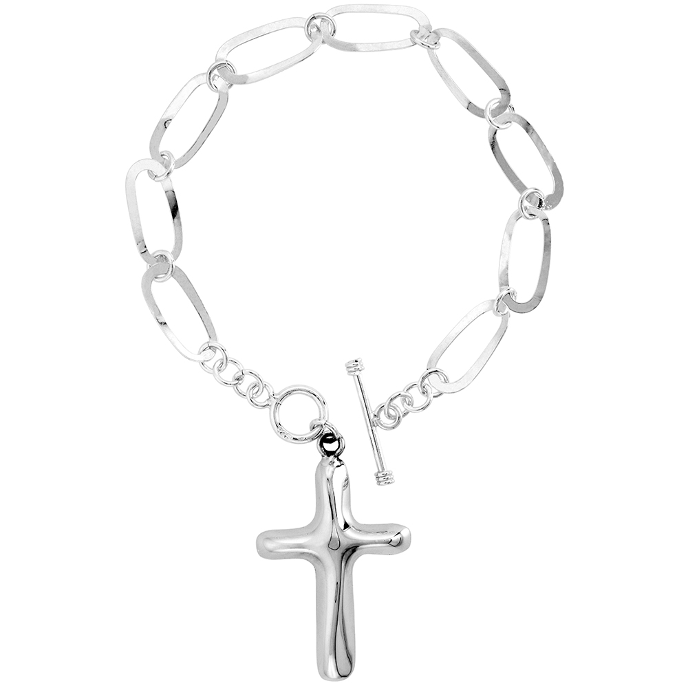 Sterling Silver Oval Link Bracelet for Women Large Cross Charm Toggle Clasp Handmade 7.5 inch