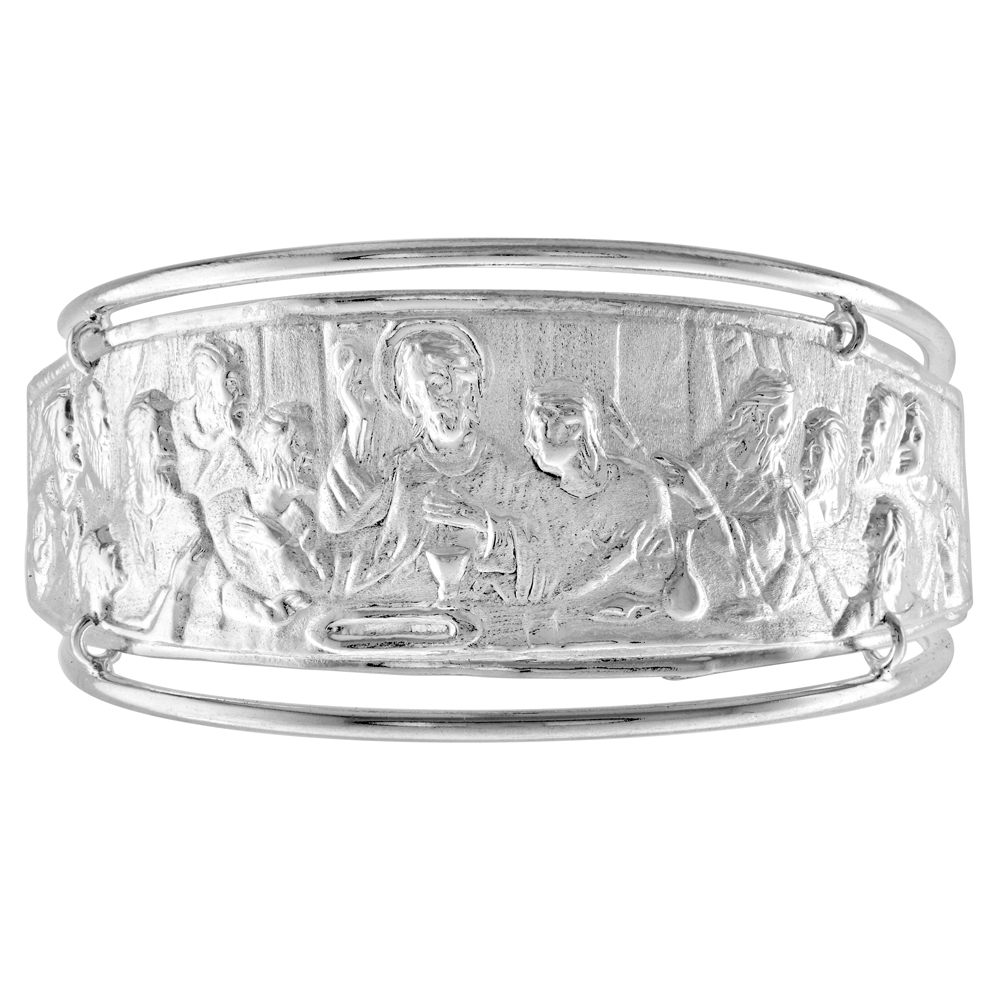 STERLING SILVER LAST SUPPER BRACELET FOR WOMEN HIGH POLISHED FINISH HANDMADE (32MM) 1 1/4 INCH WIDE