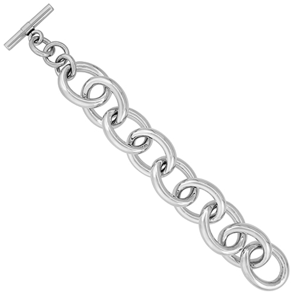 STERLING SILVER OVAL LINKS HOLLOW TOGGLE BRACELET, 8 INCHES LONG