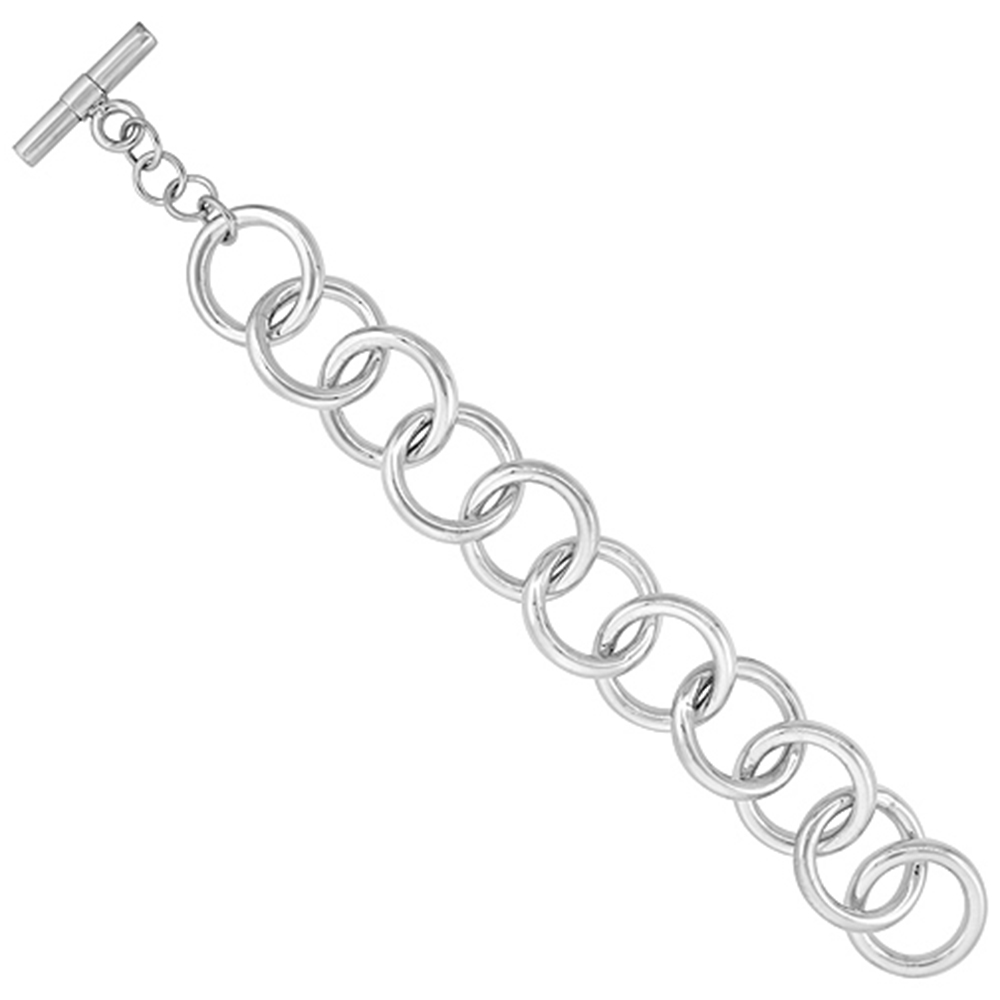 STERLING SILVER ROUND LINKS HOLLOW TOGGLE BRACELET, 7.5 INCHES LONG